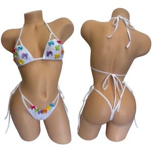 White exotic Dancewear or rave Bikini with Multicolor bow Details